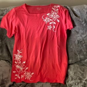 Ultra Softs,coral, square neck, t-shirt dress, with white floral accents 1X